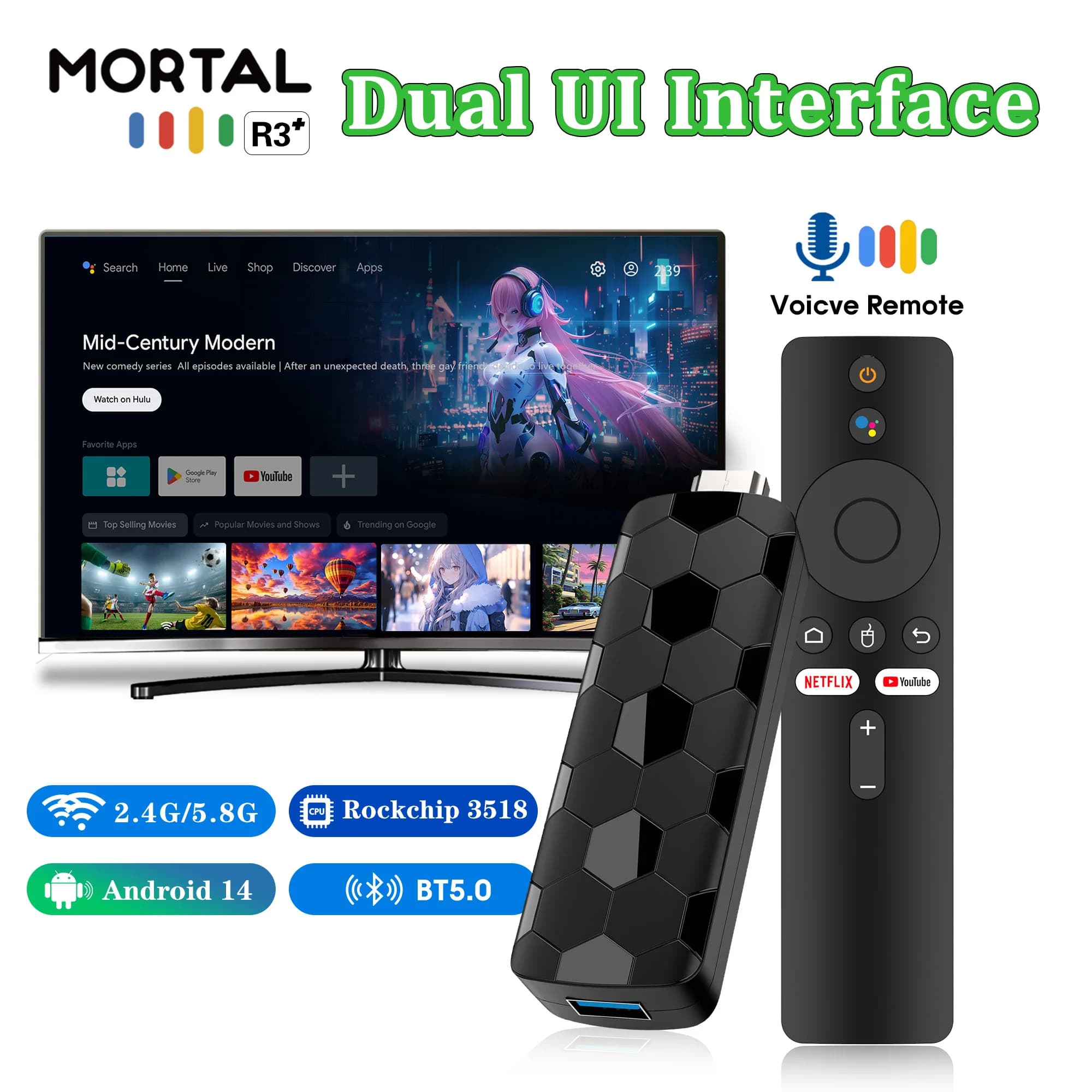 2026 New R3+ Smart TV Stick 4K Ultra HD Android 14.0 RK3518 Quad Core Dual Band WiFi 2.4G/5G BT5.4 Voice Streaming Media Player