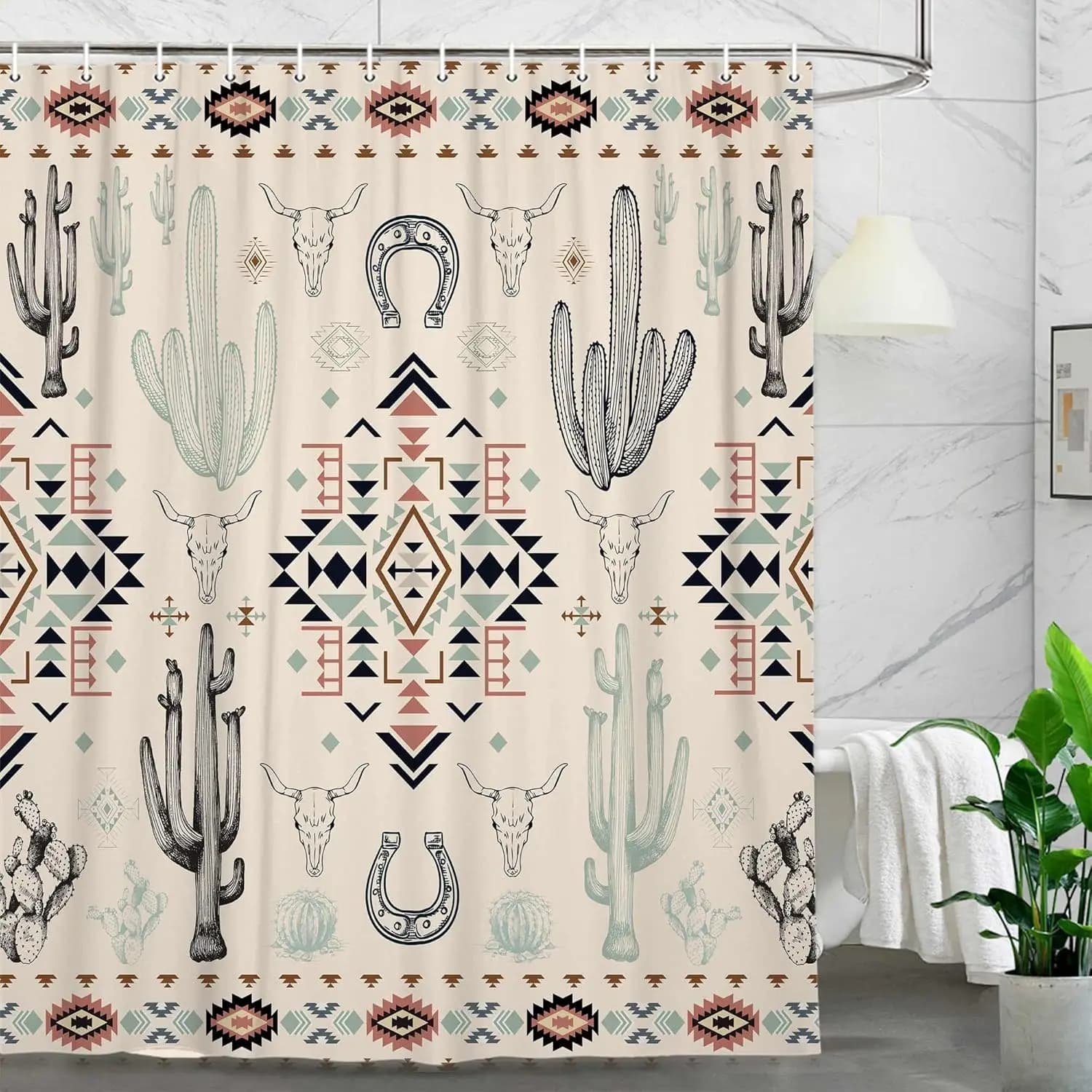 Tenda da doccia occidentale, decorazione astratta per accessori da bagno con teschio e toro, geometrico azteco sudoccidentale, doccia nativa Navajo