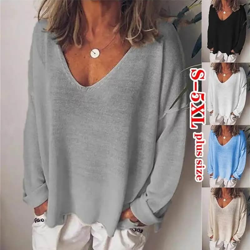 T-shirt Casual da Donna a Maniche Lunghe con Scollo a V, Stile Trendy per il Pendolarismo, in Cotone 100% Tinta Unita