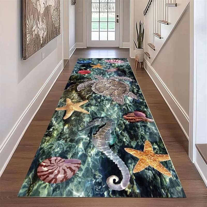 Deep Sea Turtle Starfish Seahorse Runner Rug Clear Ocean Water Print Non Slip Carpet for Hallway Corridor Bathroom Entryway