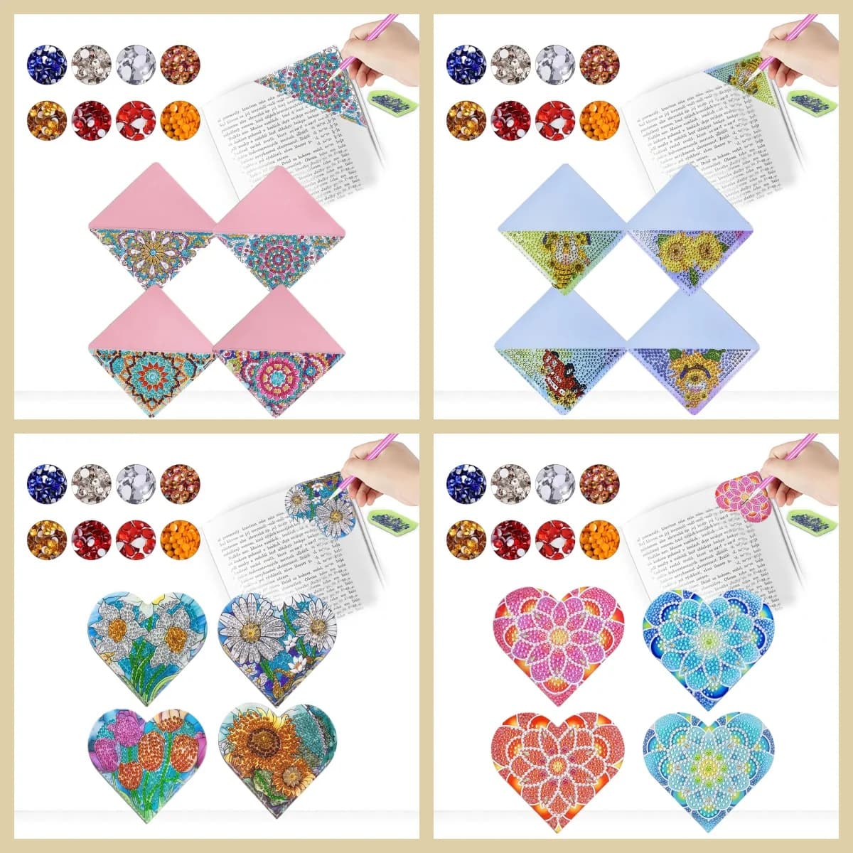 4 DIY Diamond Art Painting Sets, PU Leather Mandala Themed Corner Bookmarks, as a Gift for Adult Readers and Handicrafts.