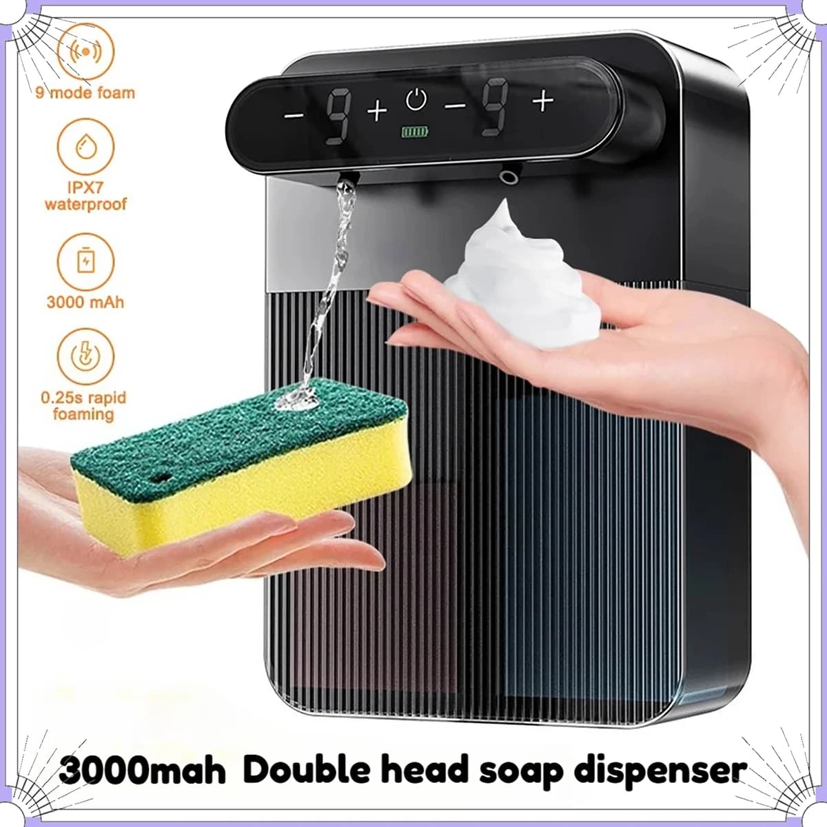 Dispenser Automatico di Sapone a Schiuma e Gel, Lavamani da Bagno 3000mAh, Montaggio a Parete, Display Intelligente, Dispenser di Schiuma con Sensore Touchless