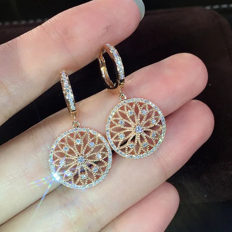 Dream catcher round hollow micro-inlaid zircon silver earrings, European and American ear buckle jewelry