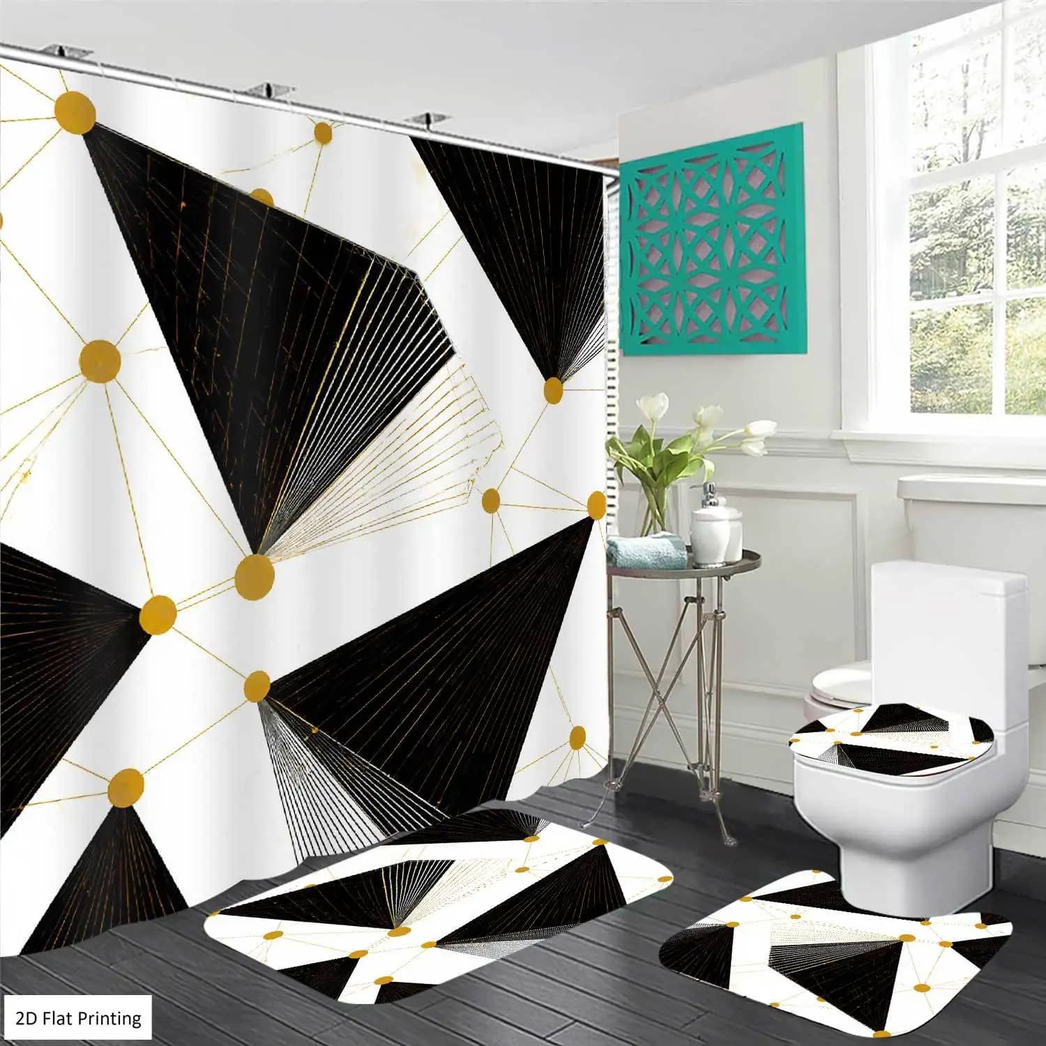 2D Flat, 4pcs Modern Geometric Bathroom Set with Shower Curtain & Non-Slip Bath Mat Suitable for Home, U-Shaped Carpet and Toilet Cover, Black White Golden, Toilet Lid Cover, Machine Washable Bath for Seasons, 2D Flat