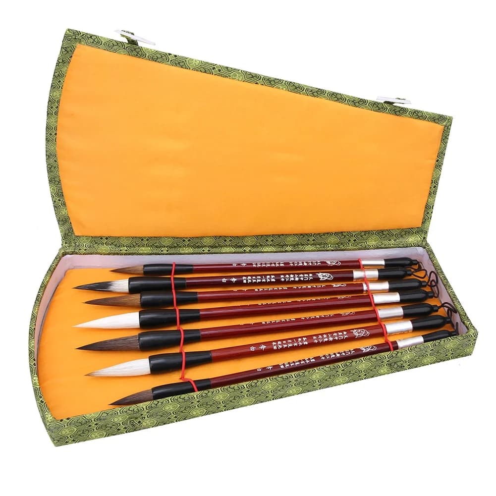 7Pcs Calligraphy Brush Weasel Hair Wood Handle Chinese Traditional Pen Set with Gift Box