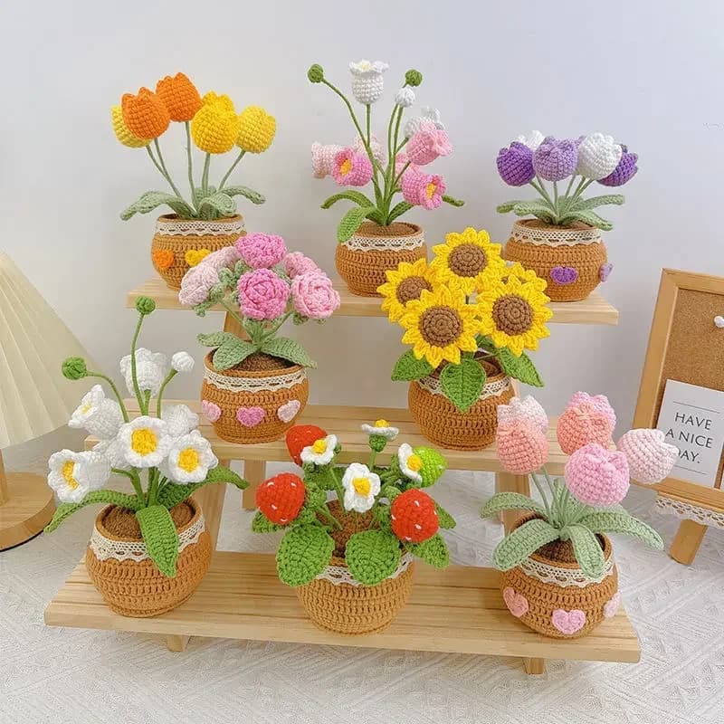 Unique flower crochet plant in creative pot office desktop knitted wool yarn handmade product finished car room decoration