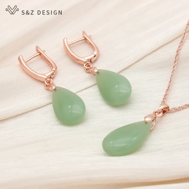 S&Z DESIGN New Fashion 585 Rose Gold Color Water Drop Dangle Earrings Jewelry Sets For Women Wedding Classic Pendant Necklace