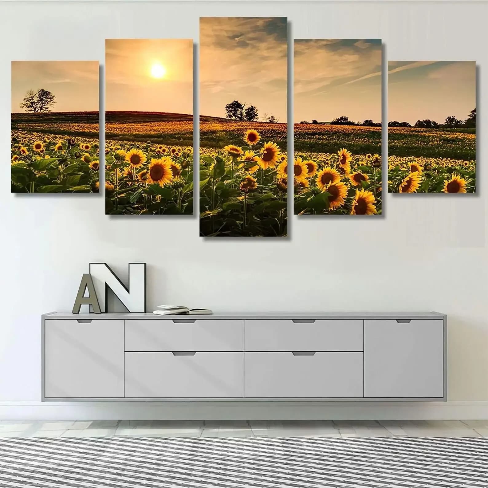 Frameless on canvas 5 pieces sunset on the field of sunflowers Wall Art Poster pictures painted decorations for the house Room Decor