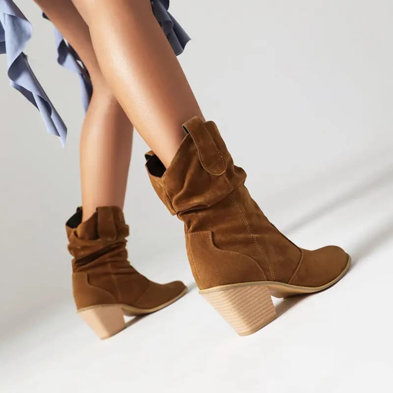 ORCHALISA Flock Suede Female Mid Calf Boots Round Toe Slip On Pleated Chunky High Heels Leisure Bota 42 43 44
