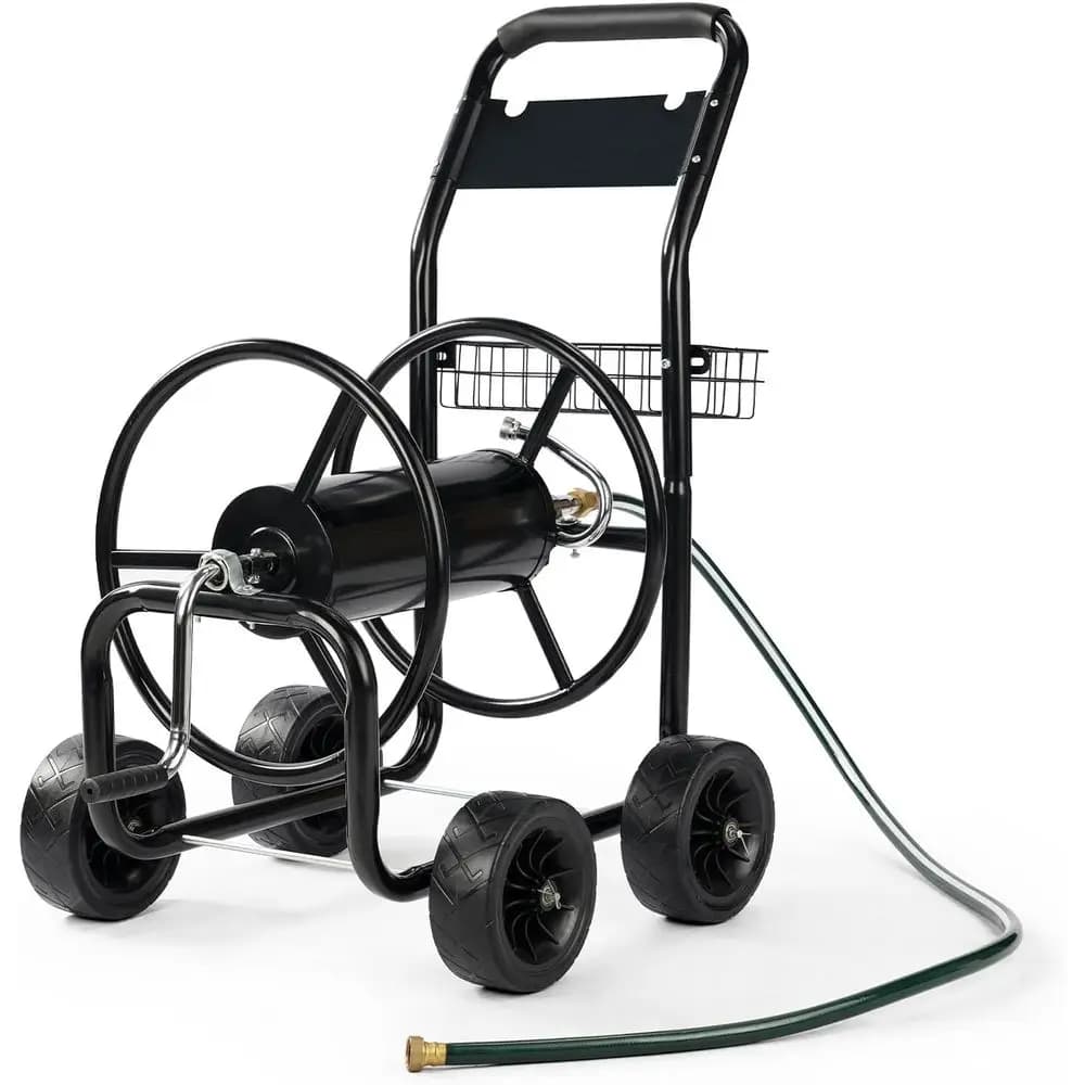 4-Wheel Garden Hose Cart with Storage Basket, Portable Residential Hose Cart, Lawn Watering, or Garden Backyard and arm