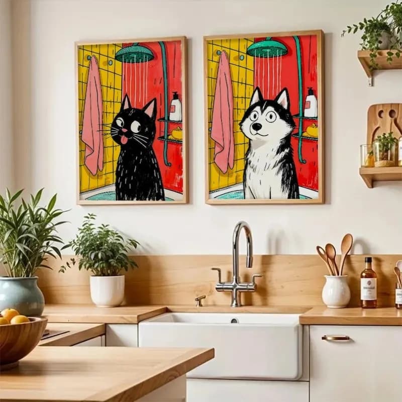 Set di 2 Stampe su Tela Divertenti con Gatti e Cani per Doccia, Poster Moderni Senza Cornice per Bagno e Soggiorno