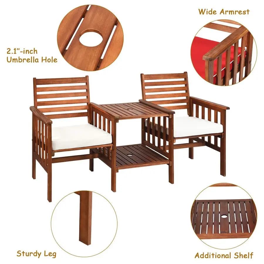 Set Divanetto in Legno di Acacia, Set Tavolo e Sedie da Esterno 3 Pezzi, Set Conversazione da Patio con Tavolino e Cuscini Morbidi, Ombrellone da 2,1 Pollici H