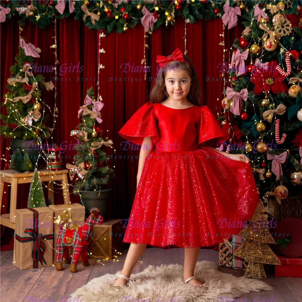 Bellissimo abito da ragazza di fiori di Natale in tulle rosso con paillettes soffici per bellissimi abiti da ballo da sera per feste di compleanno per bambini personalizzabili