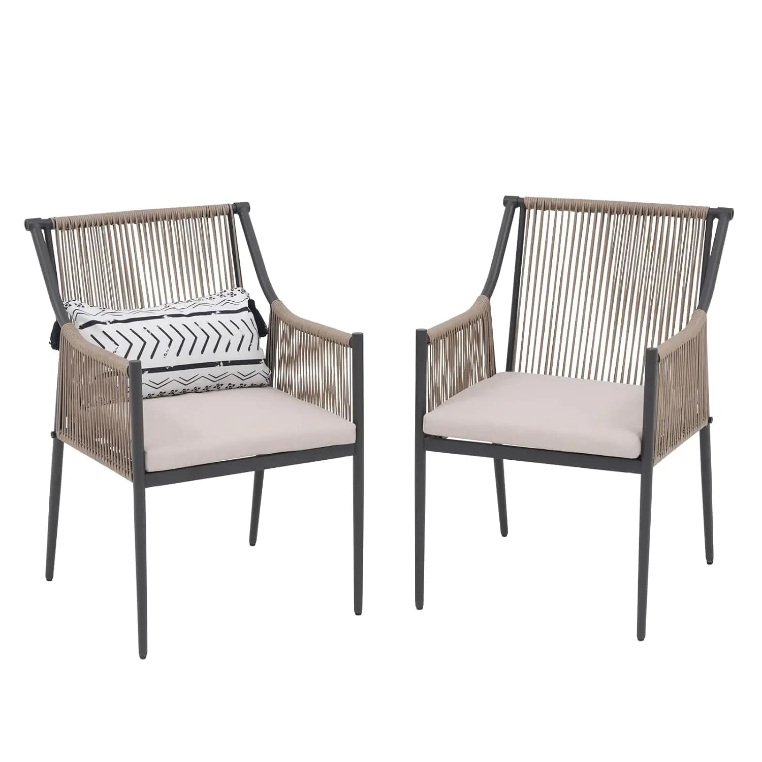2-Piece Outdoor Dining Chairs Woven Rattan Beige All-Weather Patio with Armrest & Cushion for Backyard Garden, Customized
