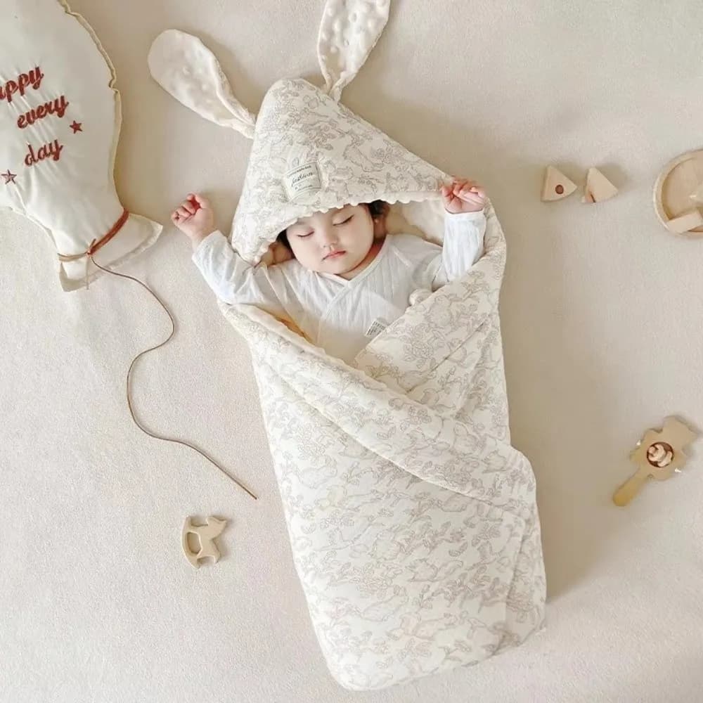 Nuova coperta in cotone increspato con orecchie da coniglio extra morbida, design termico, design trapuntato, fasciatoio per la cura del neonato