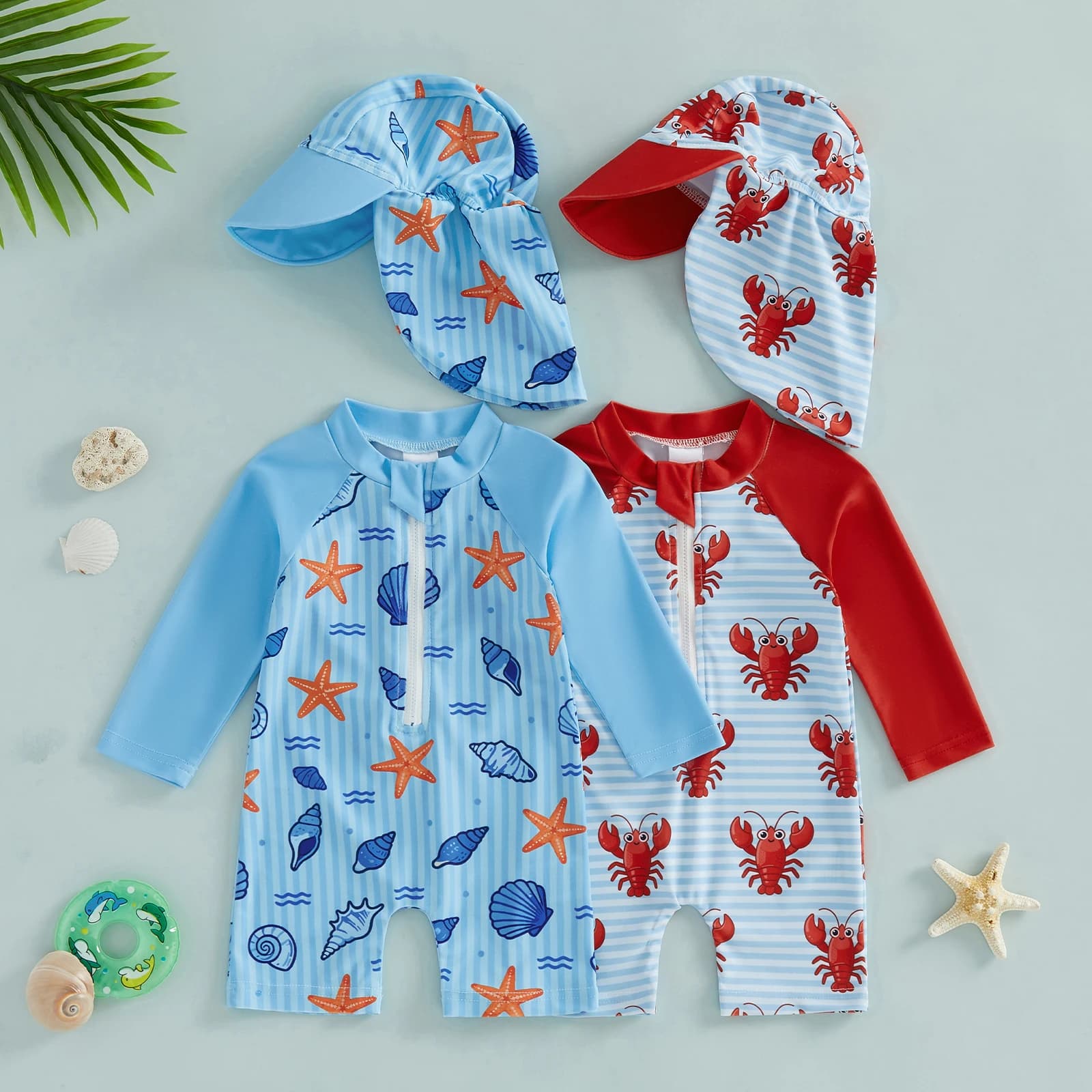 FOCUSNORM 0-3Y 2Pcs Toddler Baby Boys Swimsuit Set Crew Neck Long Sleeve Lobster Print Upper Zipper Rash Guard Swimwear Sun Hat