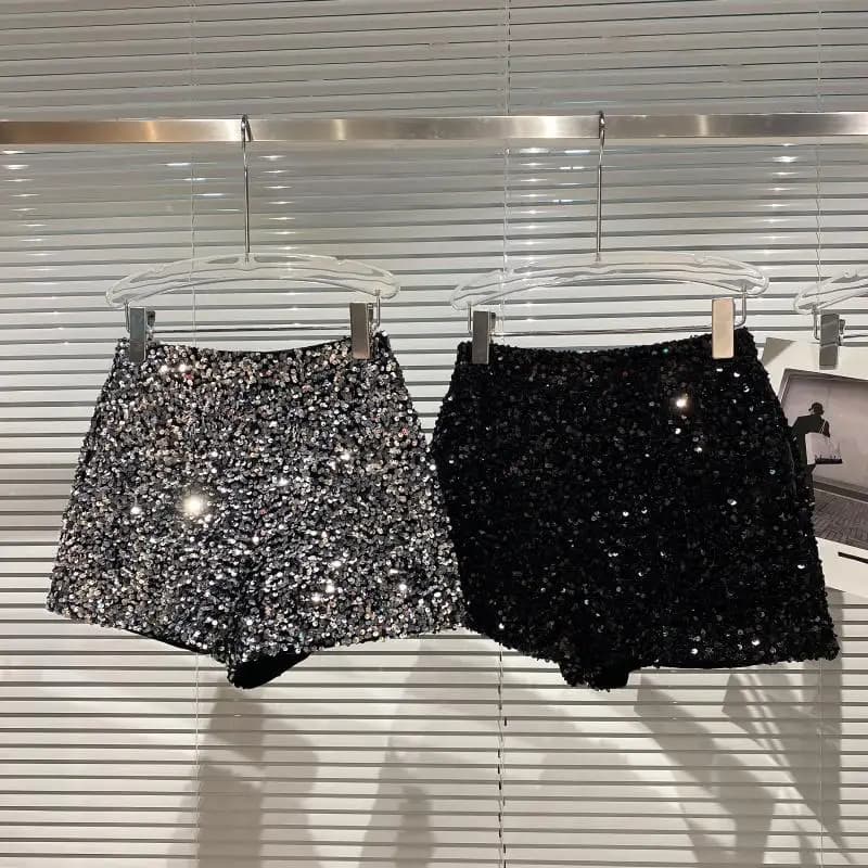Nuovi pantaloncini di velluto nero autunno donna pantaloni corti versatili lucidi con paillettes pantaloncini clubwear pantaloni caldi High Street