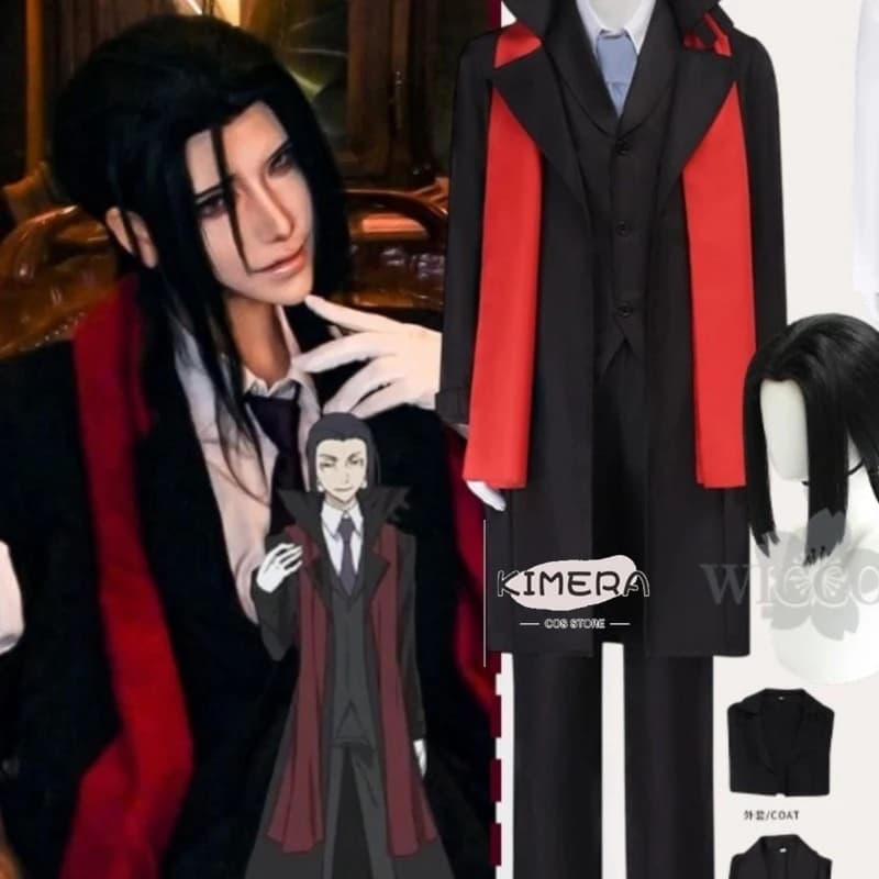 Kimera Store Straayy Anime Dog Cosplay Mori Ogai Costume Handsome Black Suit Coat Pants Vest Tie Red Scarf Wigs Set Halloween Ch