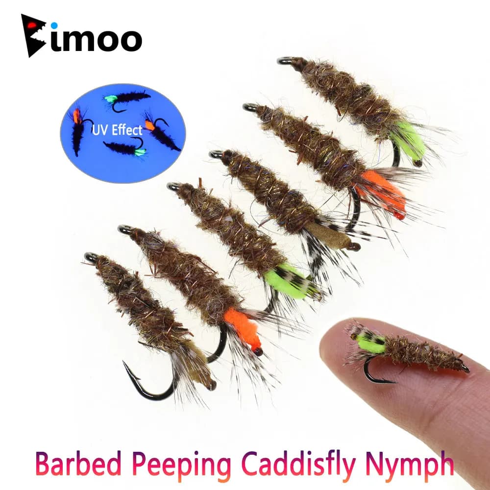 Bimoo 6 pezzi # 12 Spinato Peeping Caddisfly Ninfa Orecchio di lepre Dubbing Caddis-larva Wet Fly Trota Spigola Salmone Grayling Esche da pesca
