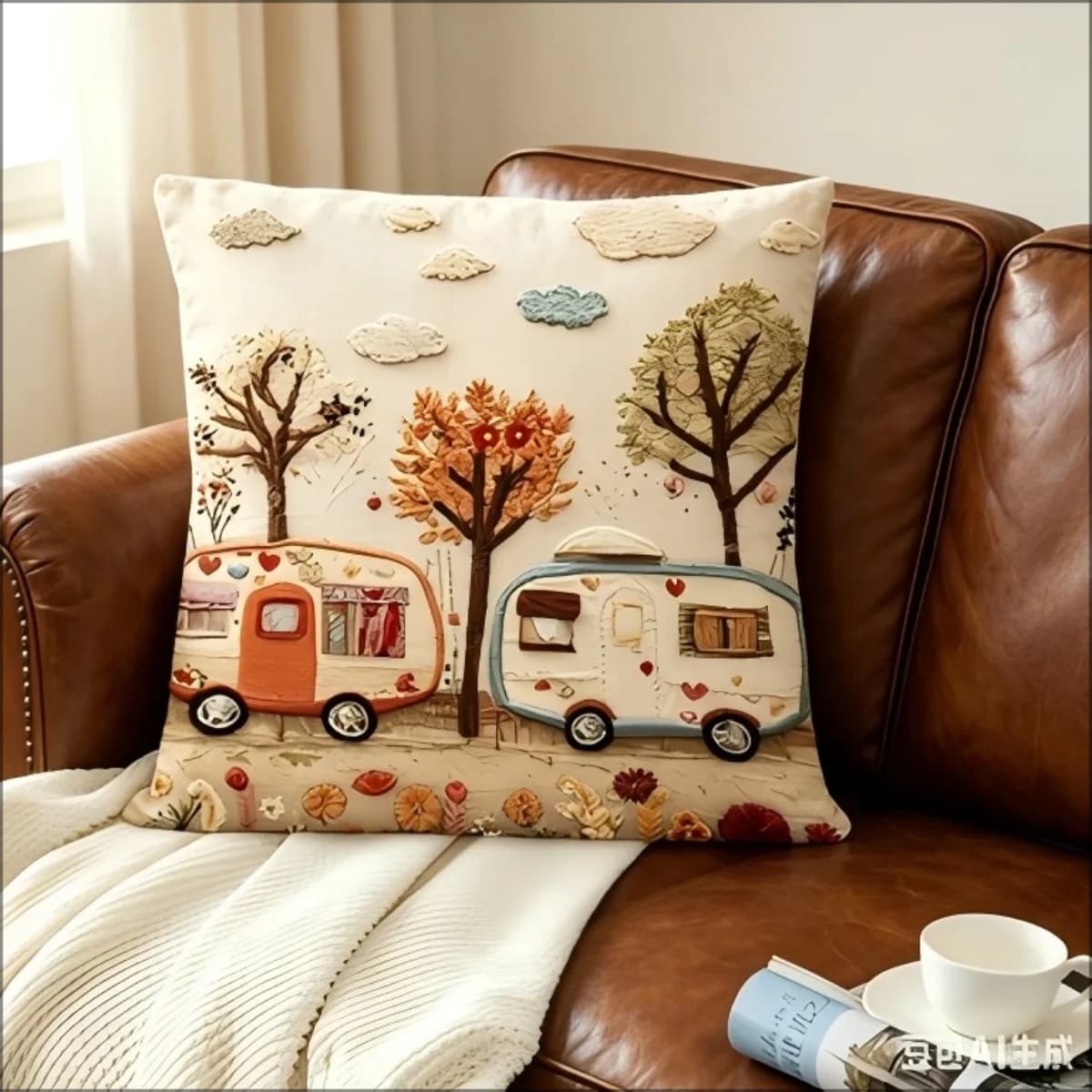 Cushion cover with 2D print embroidery effect, vintage camper pattern and forest landscape, for sofa, bed, rustic