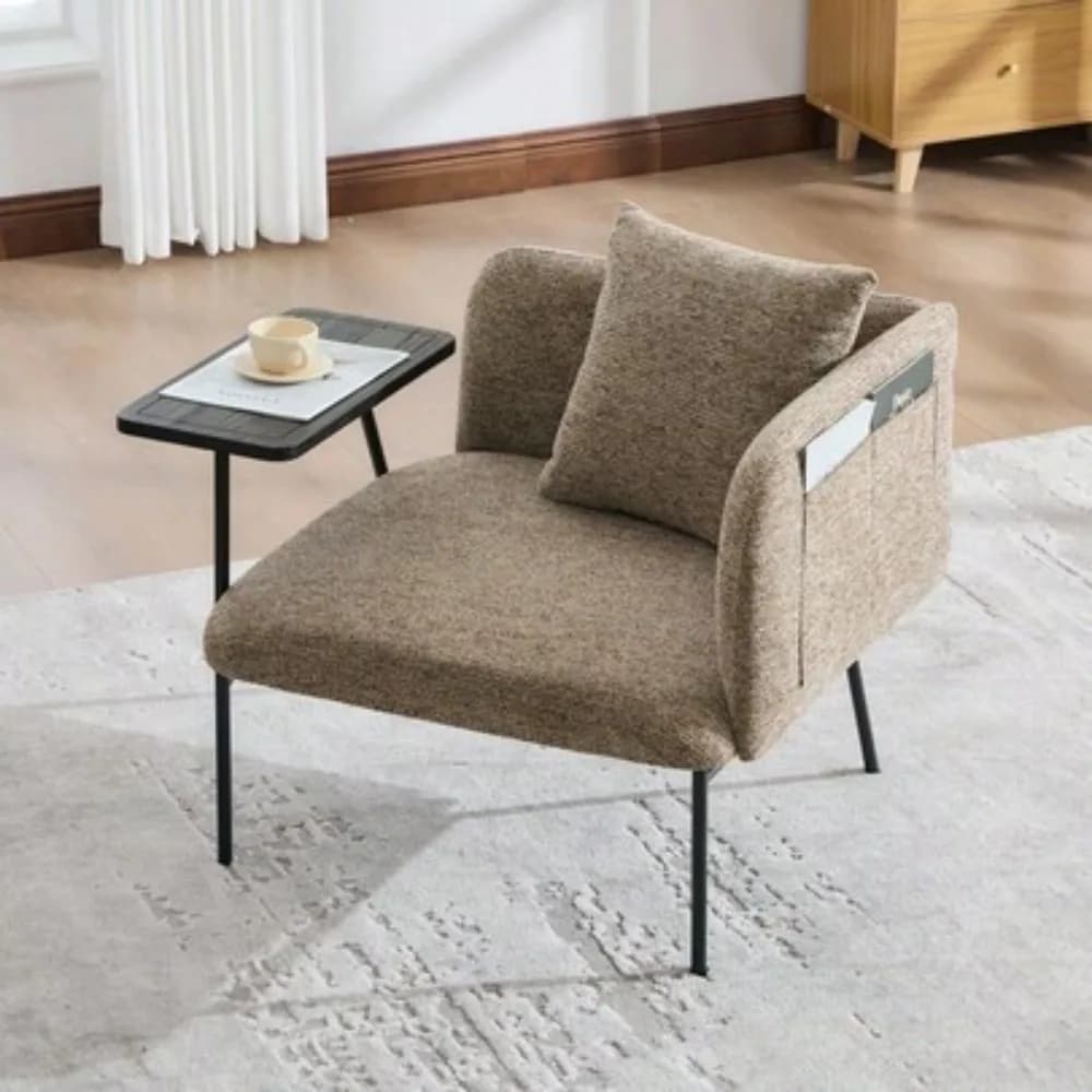 Leisure Chair with Small Table and Back Pillow, Modern Upholstered Single Sofa with Metal Legs and Side Pockets, Lounge Chair for Living Room Bedroom Garden, Compact Accent Seating with Cushion