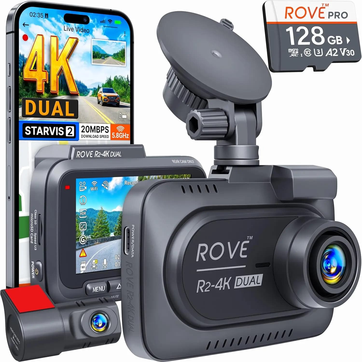 4K Dual Dash Cam Front and Rear, STARVIS 2, Free 128GB Card, 5G WiFi Fast Download, 3" IPS, 24H Parking Mode