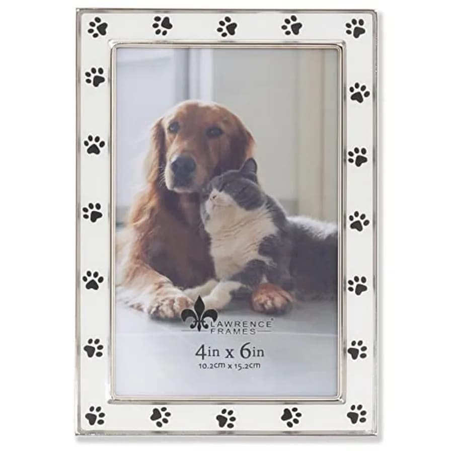 4x6 Silver Metal and White Enamel Picture Frame, Paw Print Design
