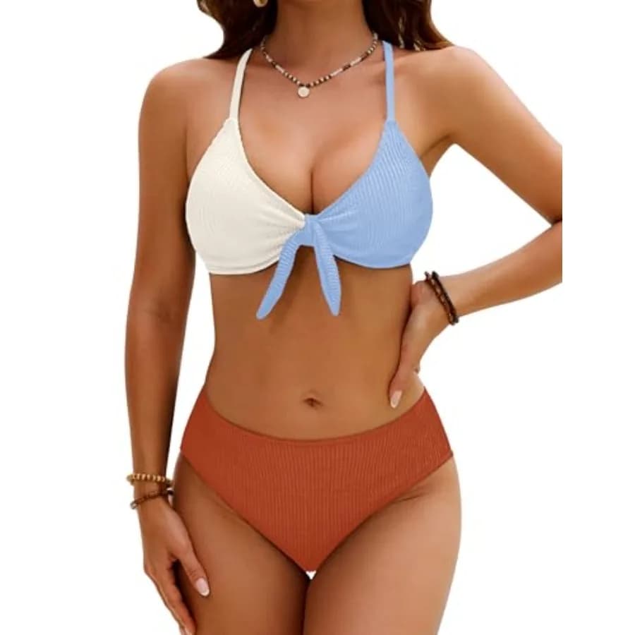 Blooming Jelly Womens Bikini Sets 2 Pcs Cheeky High Cut Bathing Suit Sexy Ribbed Tie Knot Swimsuits