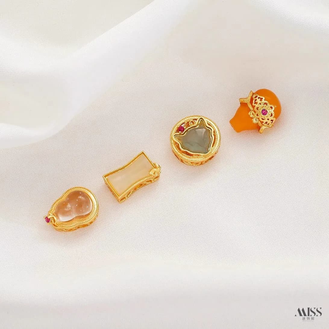 Perline distanziatrici in rame placcato oro 24K, con cristallo naturale, ambra, giada Hetian, a forma di zucca, bambù e volpe, accessori fai da te per gioielli fatti a mano