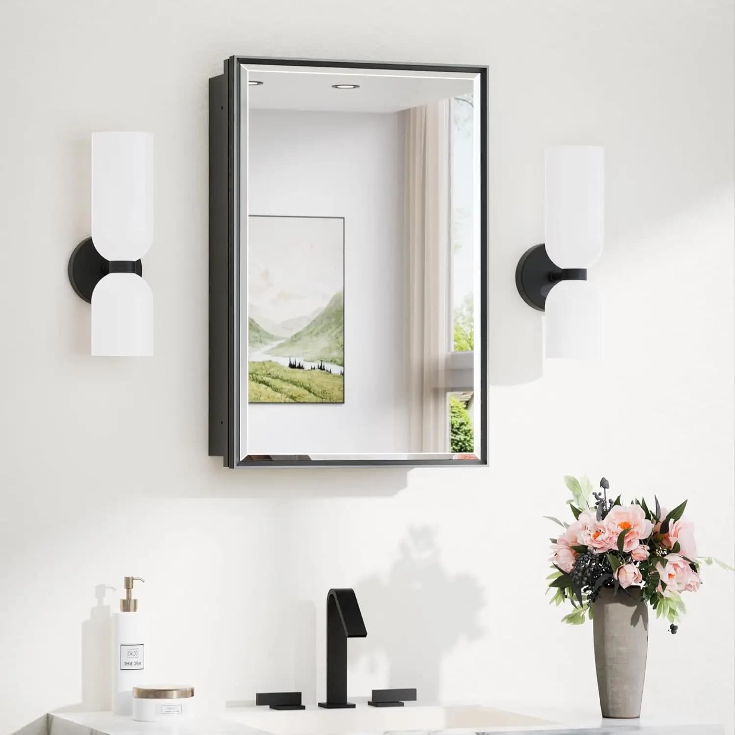 Armadietto dei medicinali da incasso 16x24 con specchio, contenitore per il bagno nero, struttura in alluminio smussato, arredamento moderno per la fattoria