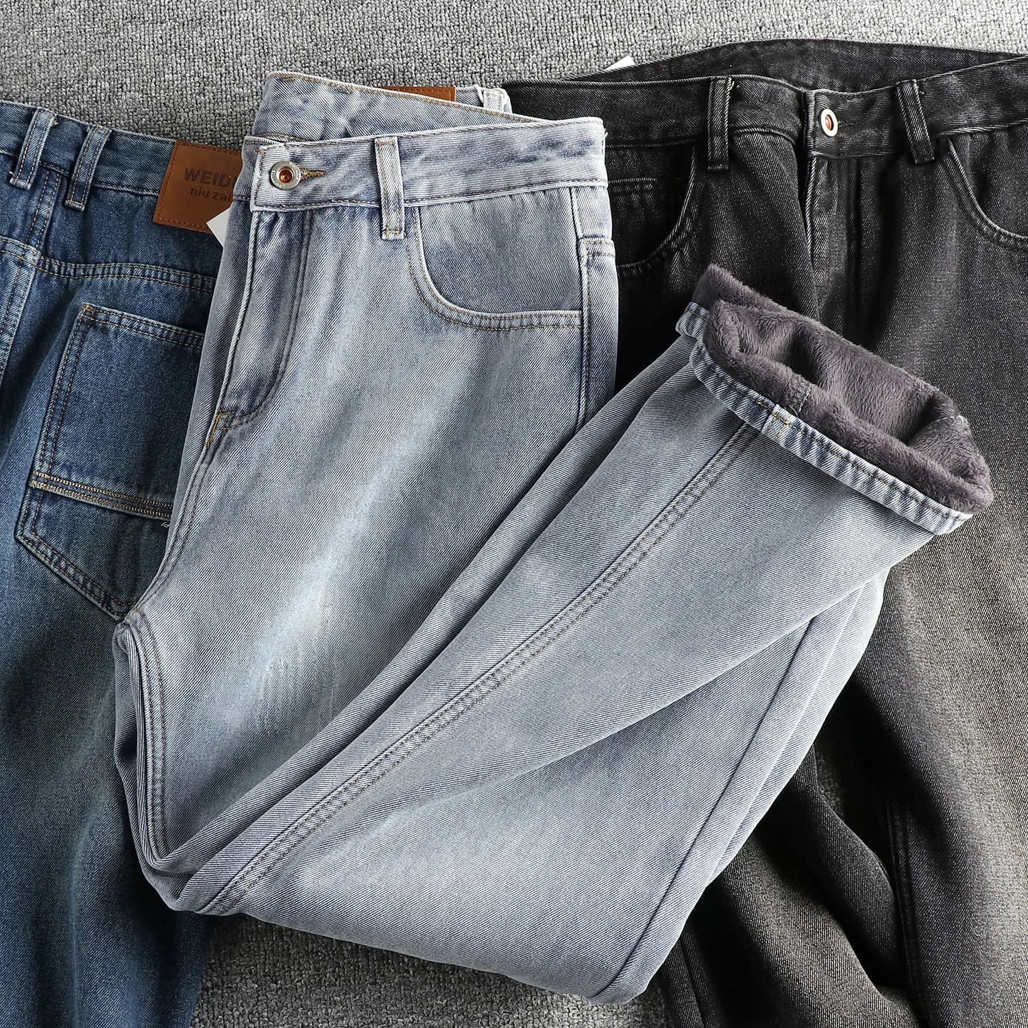 Retro American Thickened Fleece Lined Washed Jeans Men's Winter Fashion Versatile Comfortable Straight Leg Youth Long Pants