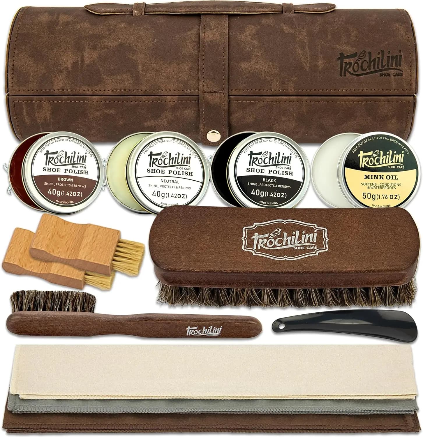 Kit Lucidascarpe 13 Pezzi, Set per la Cura delle Scarpe in Pelle, Olio di Visone, Spazzole e Altro per una Pulizia Delicata