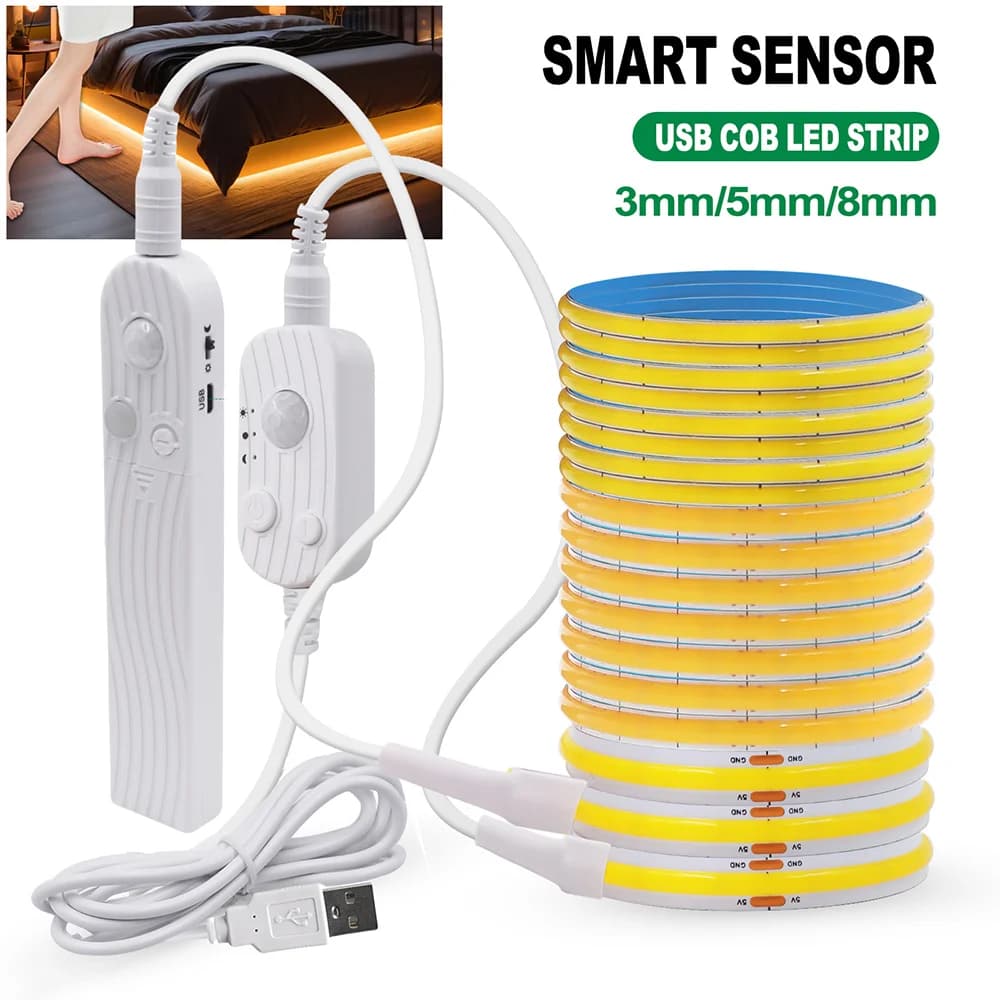 Sensore di movimento 5V Led COB Striscia luminosa Batteria Alimentata tramite USB ON/OFF automatico Diodo di illuminazione per armadio Guardaroba Cucina Scala