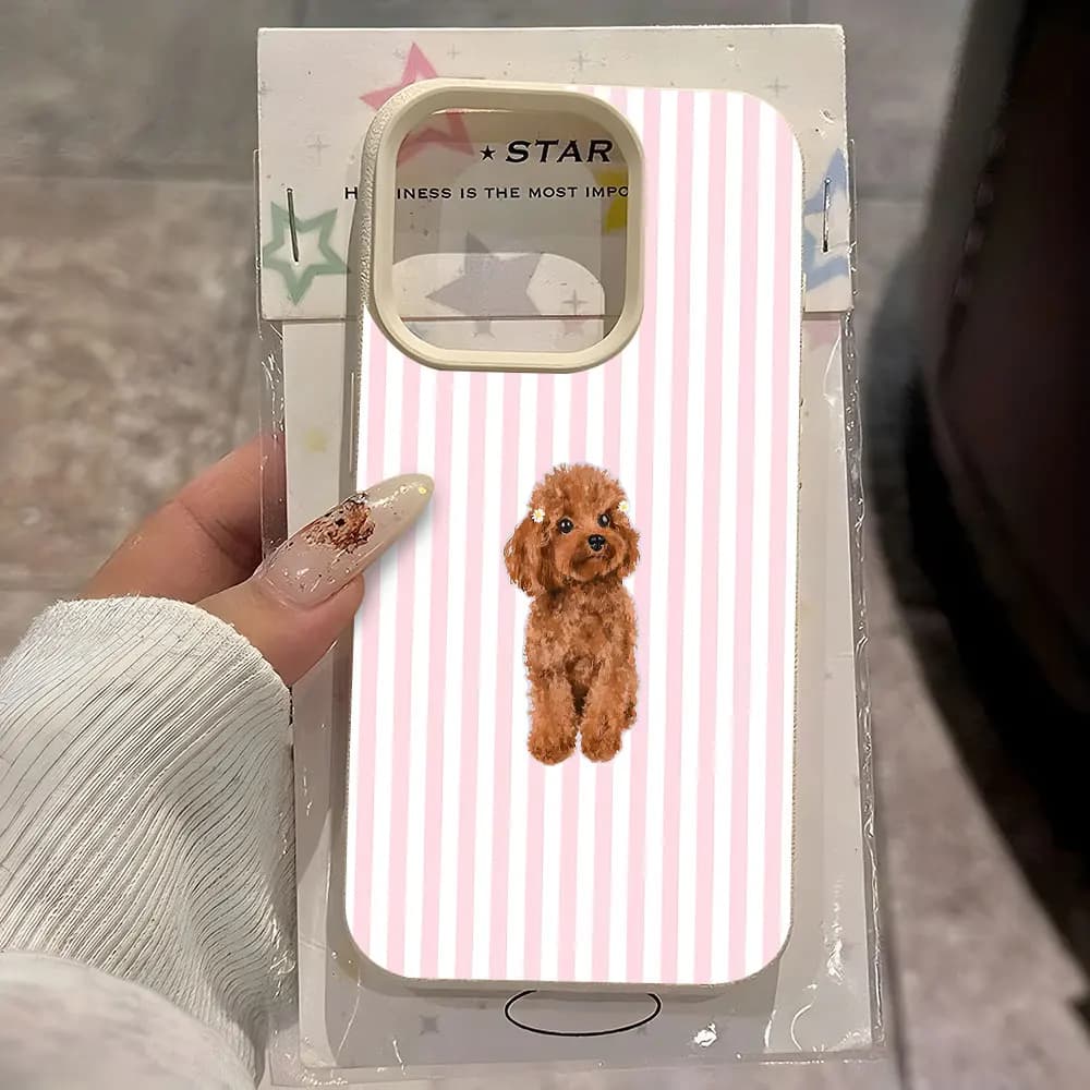 Cute Poodle Stripe Pattern Phone Case For iPhone 17 16 15 Pro 14 13 12 11 Pro Max 14 15 Plus 17Air X Xs XR Lychee Silicone Cover