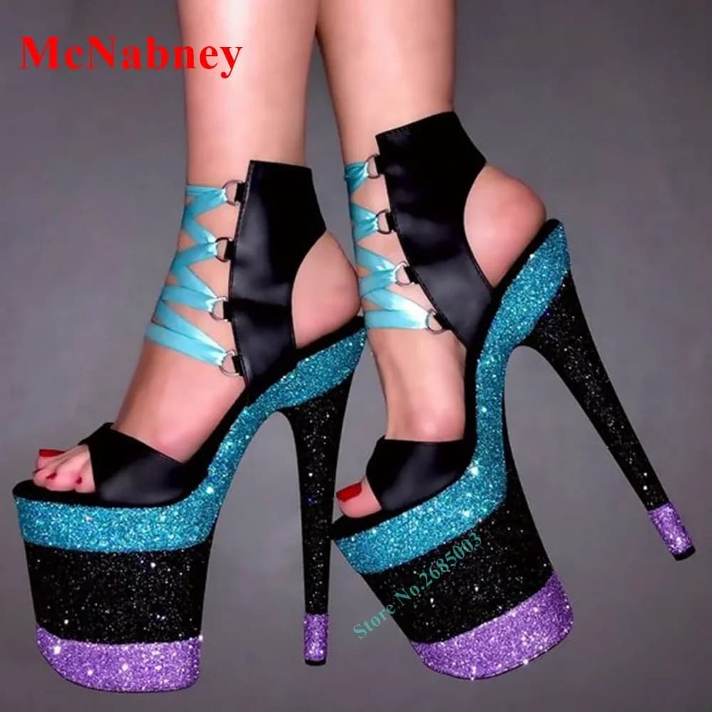 Sandali stringati neri opachi con lacci in raso sandali con tacco Glitter piattaforma colori misti sandali con punta aperta alla caviglia scarpe da donna sandali con tacchi alti