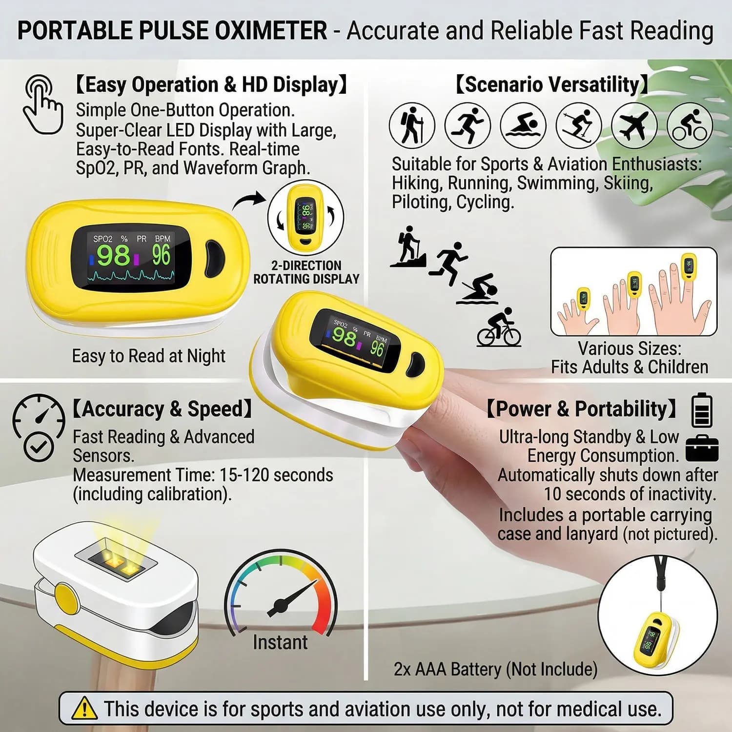 Pulsossimetro da Dito Portatile Medico, Misuratore di Saturazione dell'Ossigeno nel Sangue e Frequenza Cardiaca, Display OLED, Oximetro da Dito con LED