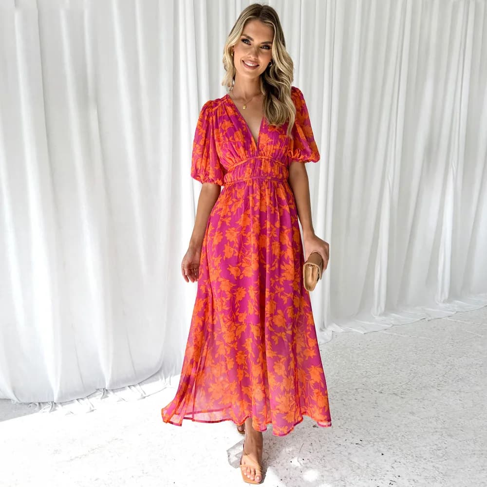 2026 moda Boho stampa floreale abito lungo per le donne nuova primavera estate manica corta scollo a V stile elegante maxi abiti Robe Femme