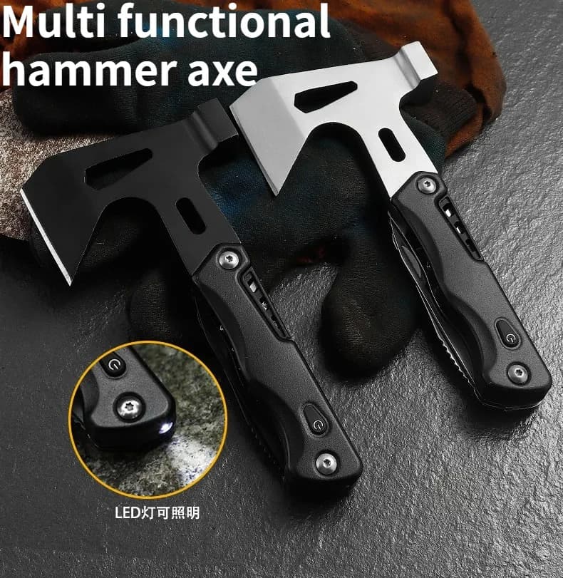 NUOVO Martello Multifunzione da Esterno con Luce LED, Ascia Portatile per Campeggio, Autodifesa ed Emergenze, Strumento EDC
