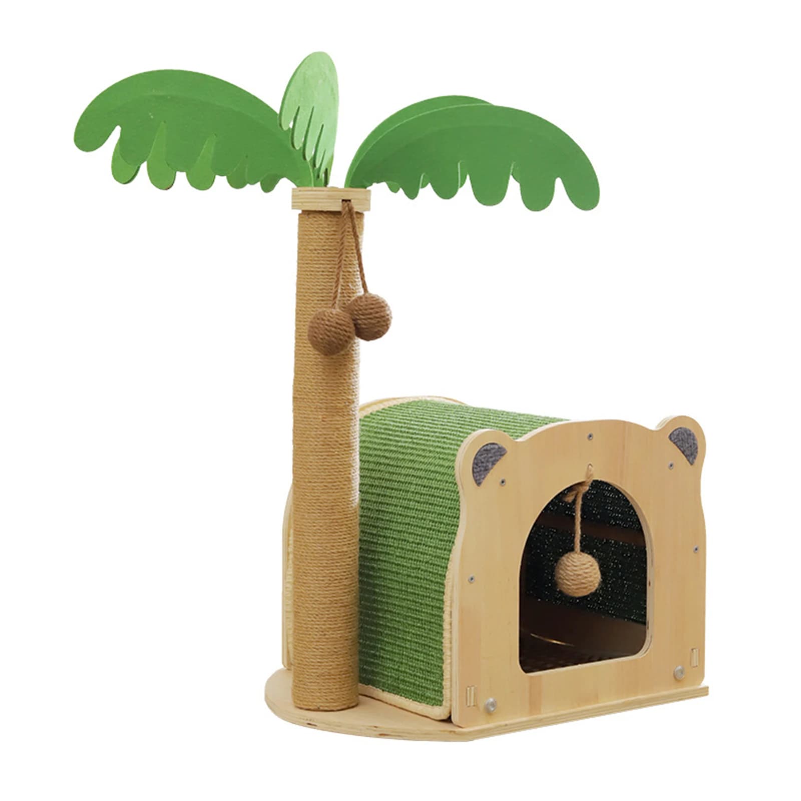 Tiragraffi per Gatti a Forma di Albero di Cocco in Legno, Giocattolo Interattivo per Gatti da Interno con Palla di Sisal Sospesa