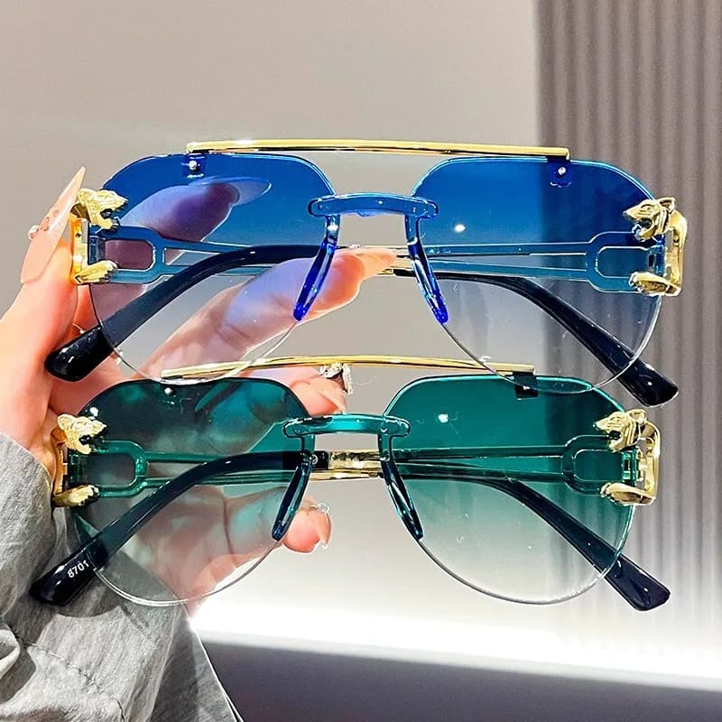 Occhiali da Sole Senza Montatura con Lenti Sfumate a Occhio di Rana, Protezione UV, Oversize