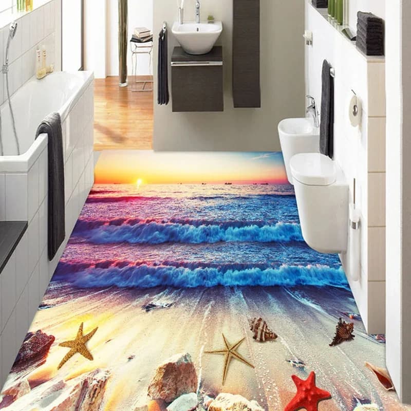 Foto personalizzata Pavimento Murale Tramonto Onde colorate Spiaggia Bagno Cucina Pavimento stereo 3D Carta da parati autoadesiva in PVC