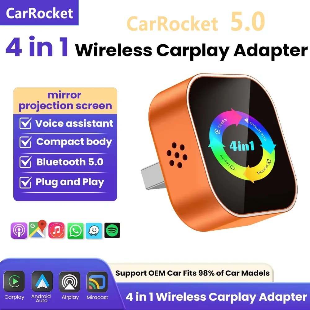 CarRock 4in1 Nuovo Adattatore Carplay Aggiornato Wireless Android Auto Mirror Link Smart MiNi AI Box USB Plug and Play Connessione Automatica WiFi