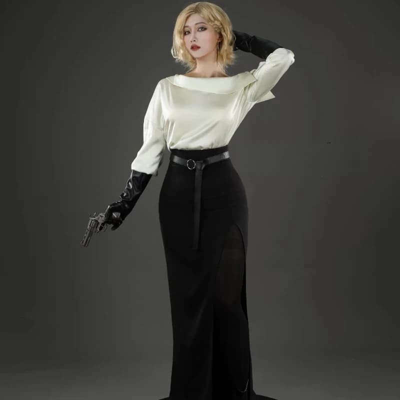 Costume Cosplay Euro 7 Cos Grace Ashcroft con Parrucca, Camicia Bianca Elegante, Gonna Nera, Cintura, Orecchini e Guanti