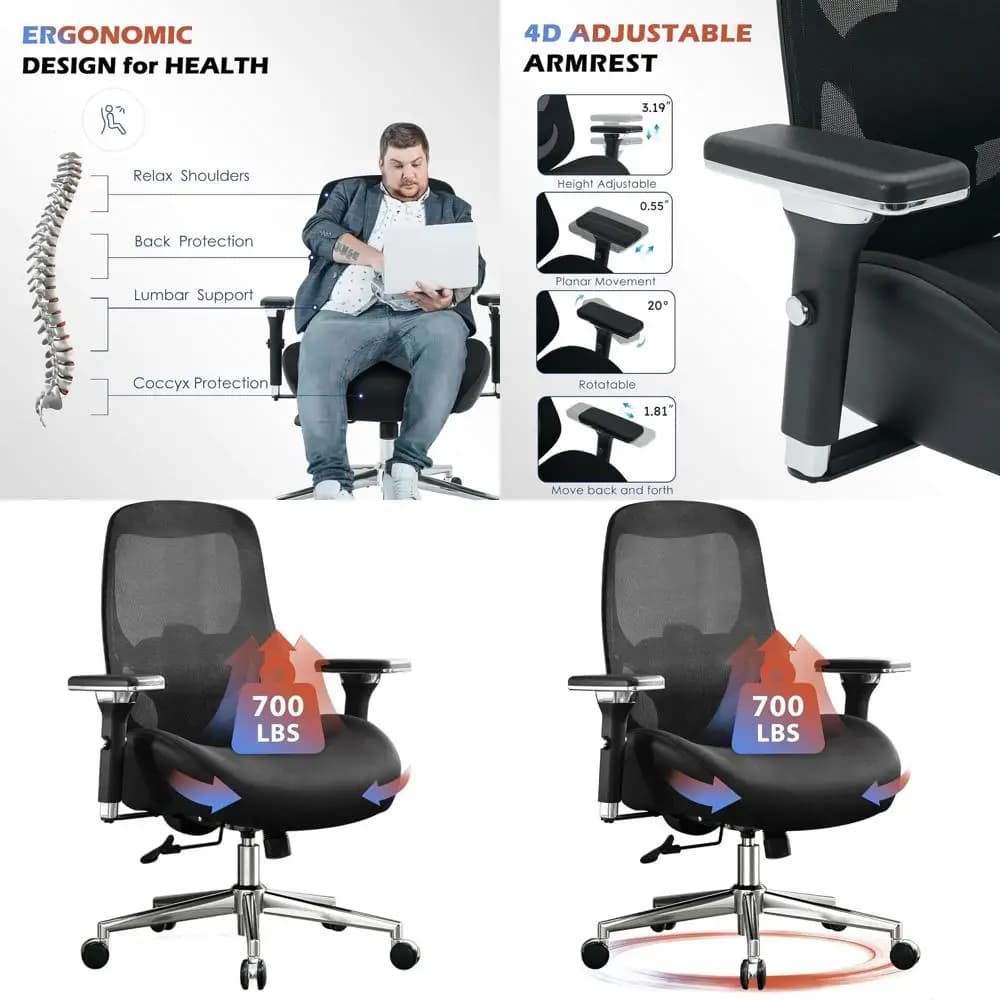 Sedia da Ufficio Ergonomica per Persone di Statura Alta e Corporatura Grande con Cuscino Ampio, Supporto Lombare Regolabile per Utenti Pesanti, Braccioli 4D