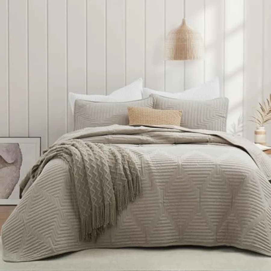 Set Copriletto Leggero e Morbido, Trapuntato con Motivo a Cesto, Set Biancheria da Letto 3 Pezzi, Trapuntatura Geometrica Moderna, Piumino Testurizzato S