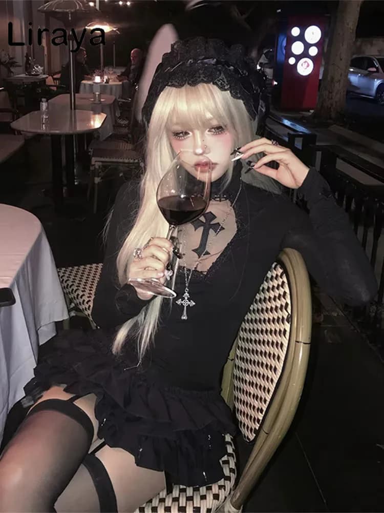 Turtleneck Top Y2k Clothes Black Gothic Cross Hollow Slimming Bottom T Shirt for Women Long Sleeve Sexy T-shirt Girls Tops