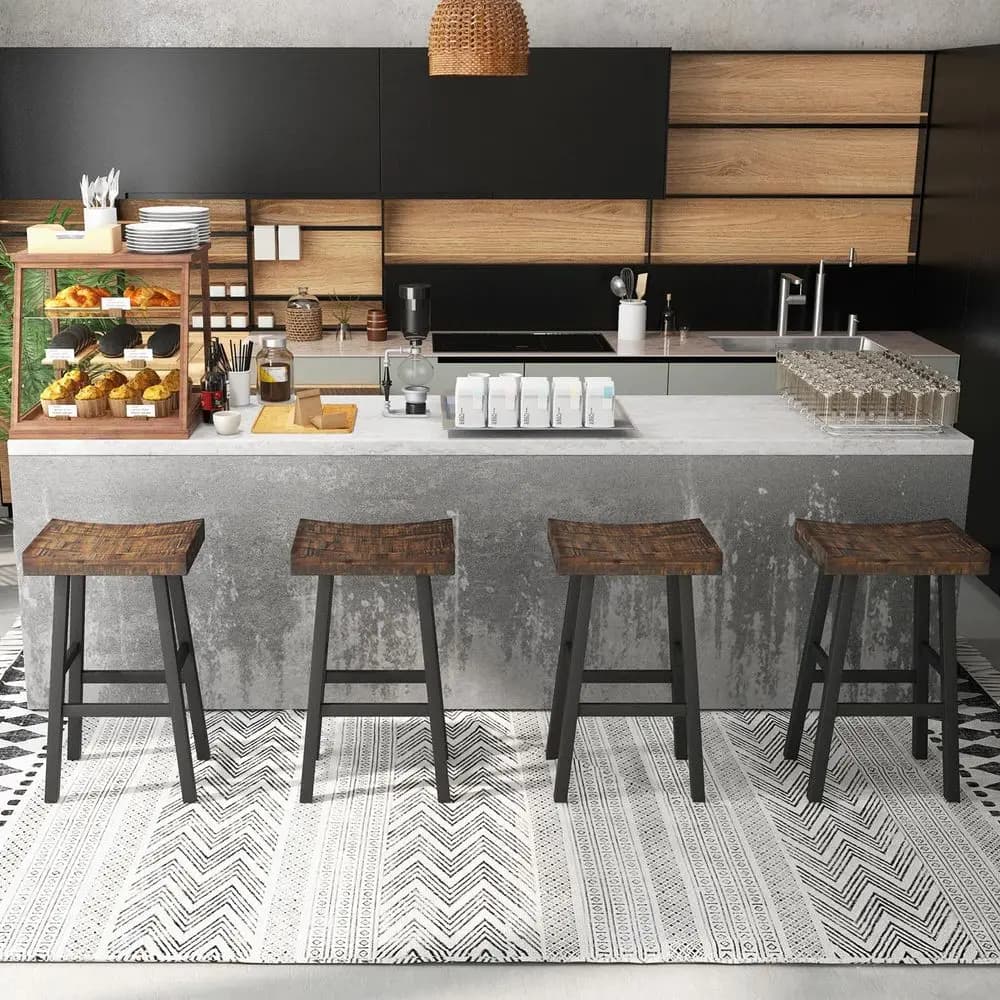 Set di 4 Sgabelli da Bar in Legno, Altezza 29 Pollici, con Seduta Curva, in Legno di Gomma e Acacia, con Poggiapiedi, per Cucina