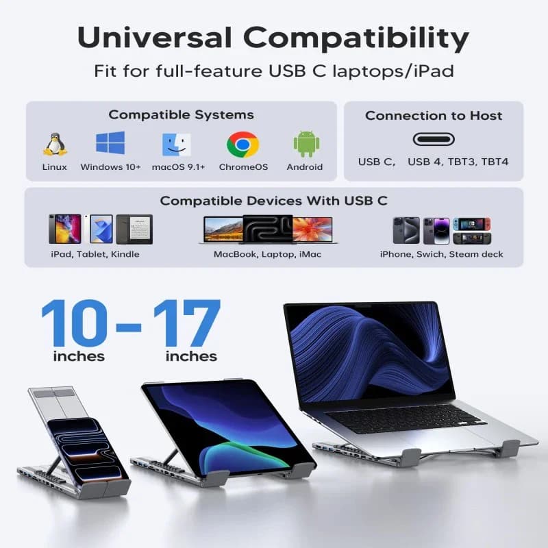11-in-1 Laptop Docking Station Stand with USB Hub – Compatible with 10–17-inch Laptops, 100W PD Charging, 9-Position Angle Adjus