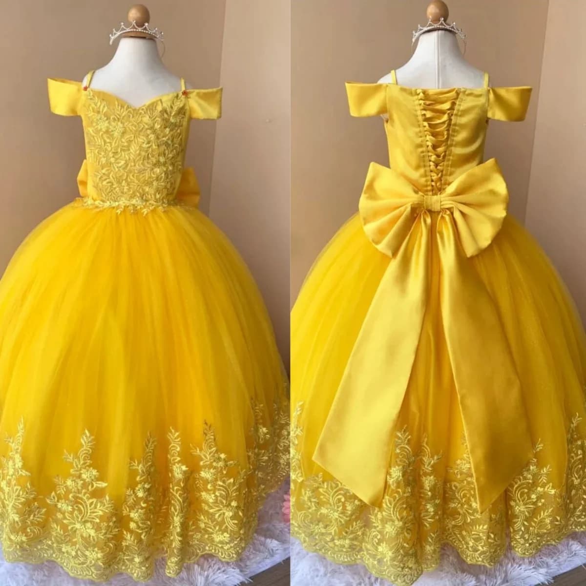 Abito da ragazza di fiore giallo personalizzato per matrimonio con fiocchi applicazioni in pizzo abiti da festa di compleanno con ballo della prima comunione