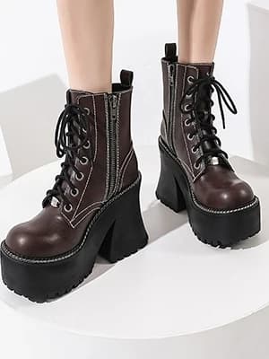 Esther Punk Style Short Tube Boots High Heels Brown Female Group Waterproof Platform PU Leather round Toe Boots
